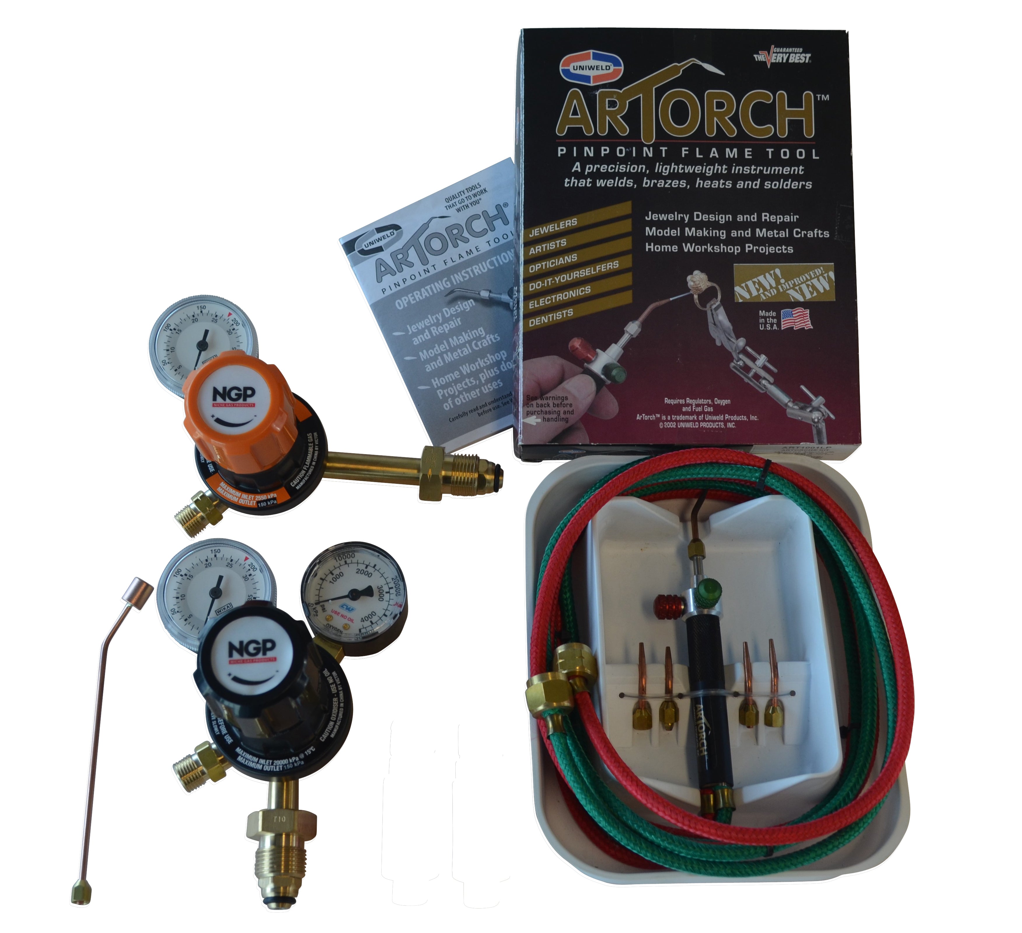 ART Torch kit, 5 tips, torch, hoses and 5/8-18 AS connections. NGP5001 series Oxygen & LPG regulators, heating tip